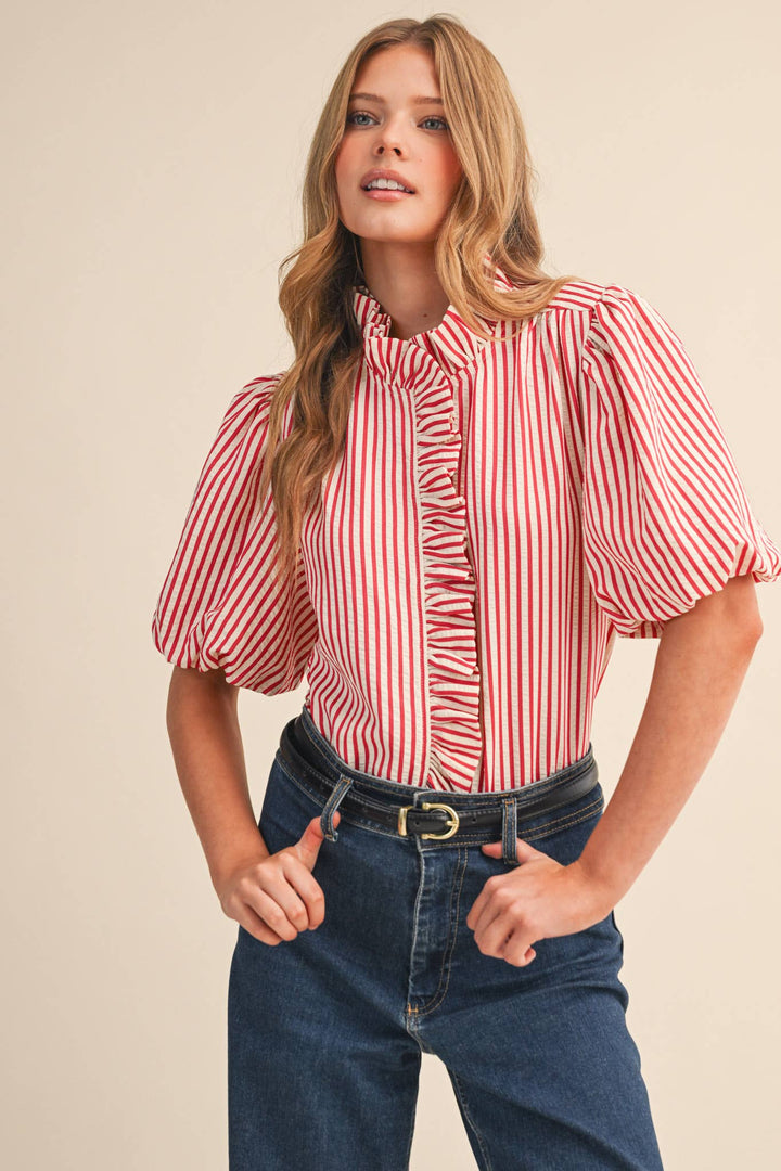 STRIPED RUFFLED BUTTON DOWN TOP MTP4692