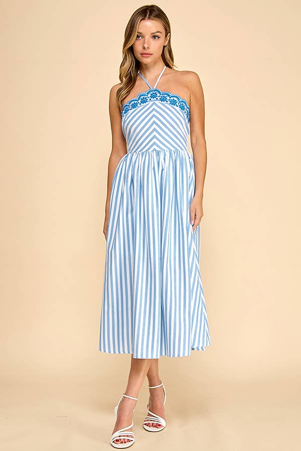 Scalloped halter neckline midi dress with embroidery detail
