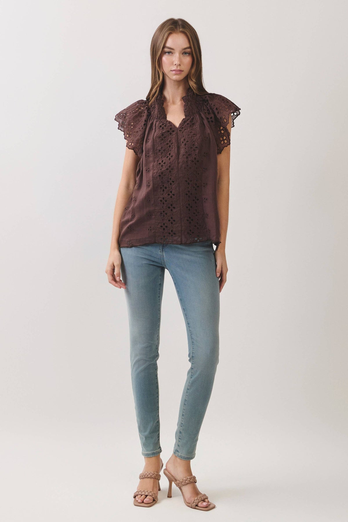 Eyelet Embroidered Flutter Sleeve Top
