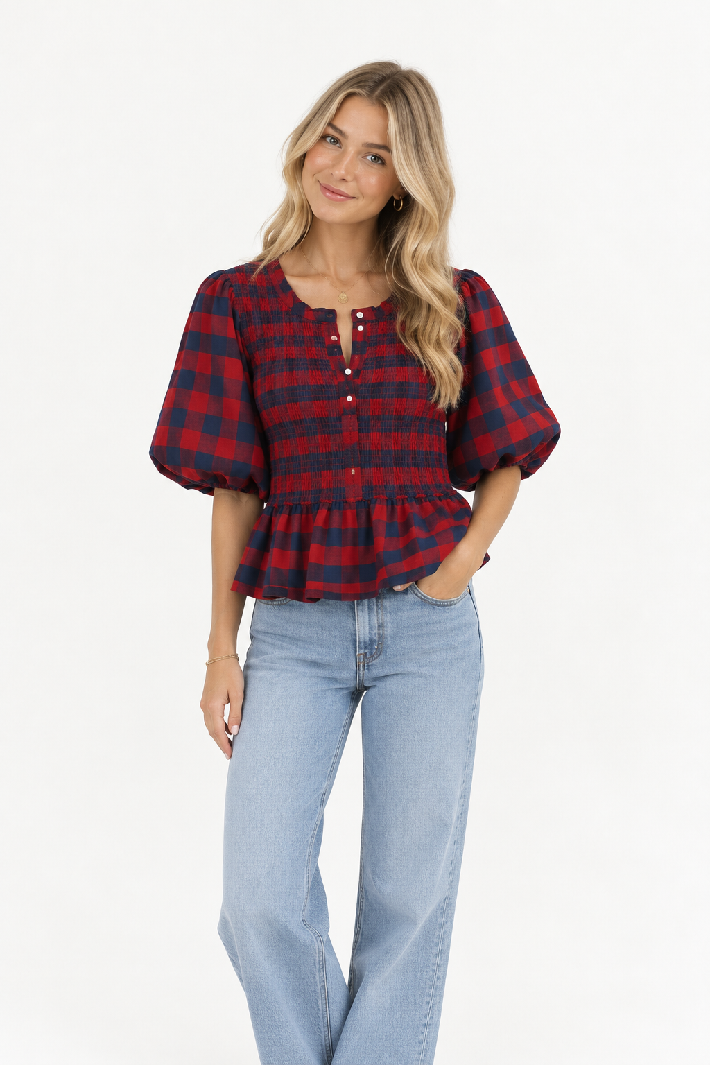 Plaid Red Puff Sleeve Top