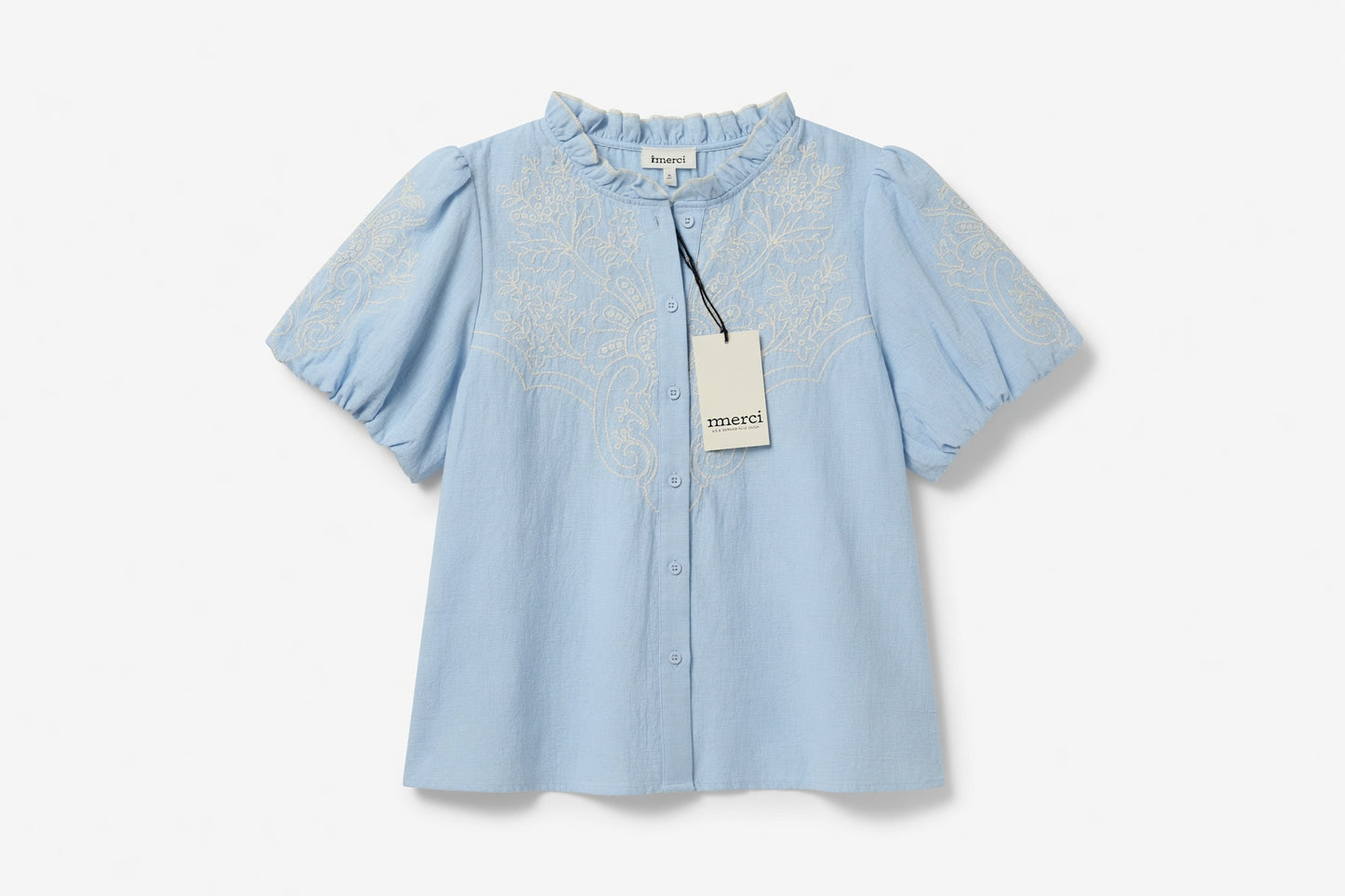 Blue Embroidered Ruffle Top