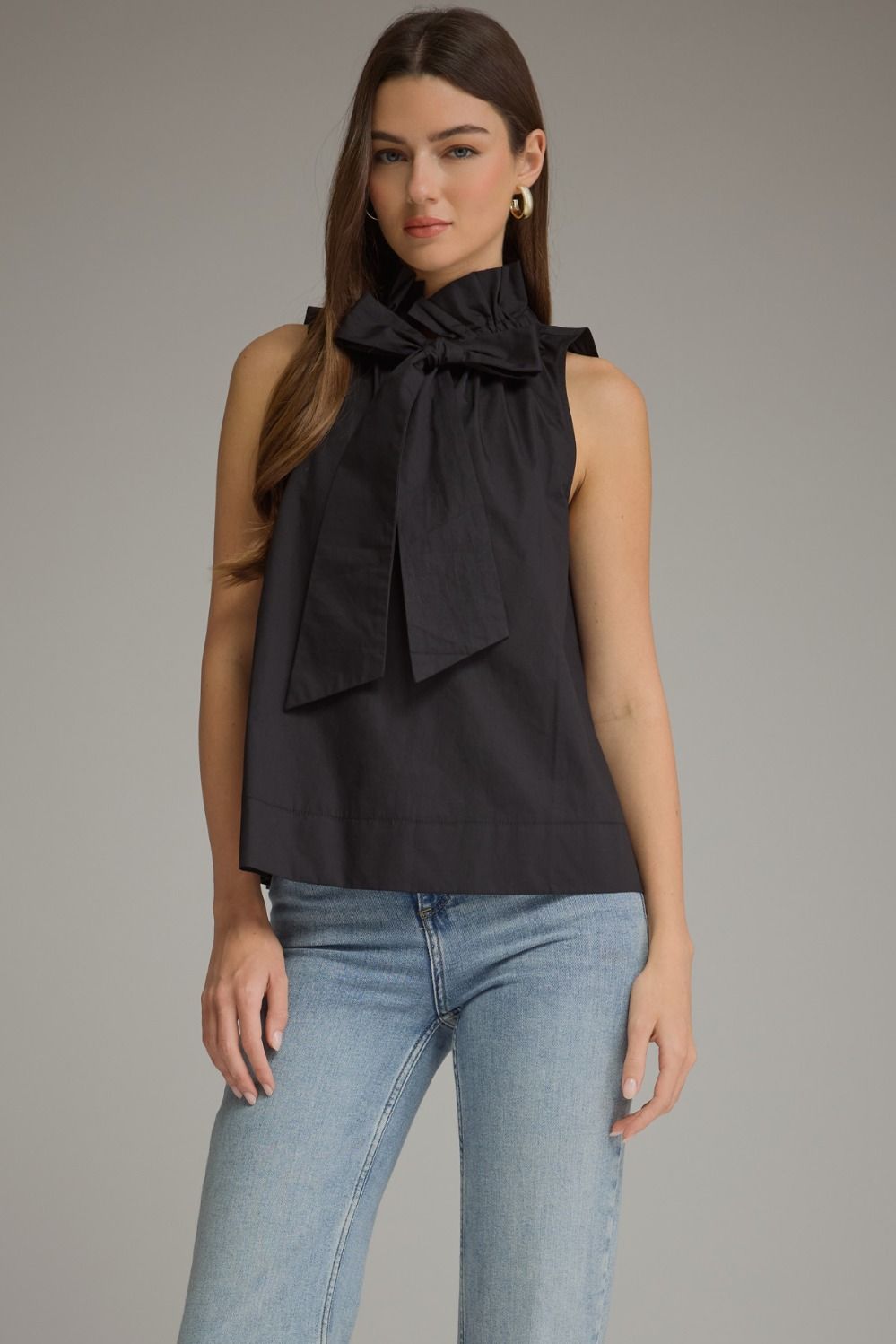 Solid Sleeveless Top With Ruffled High Neckline