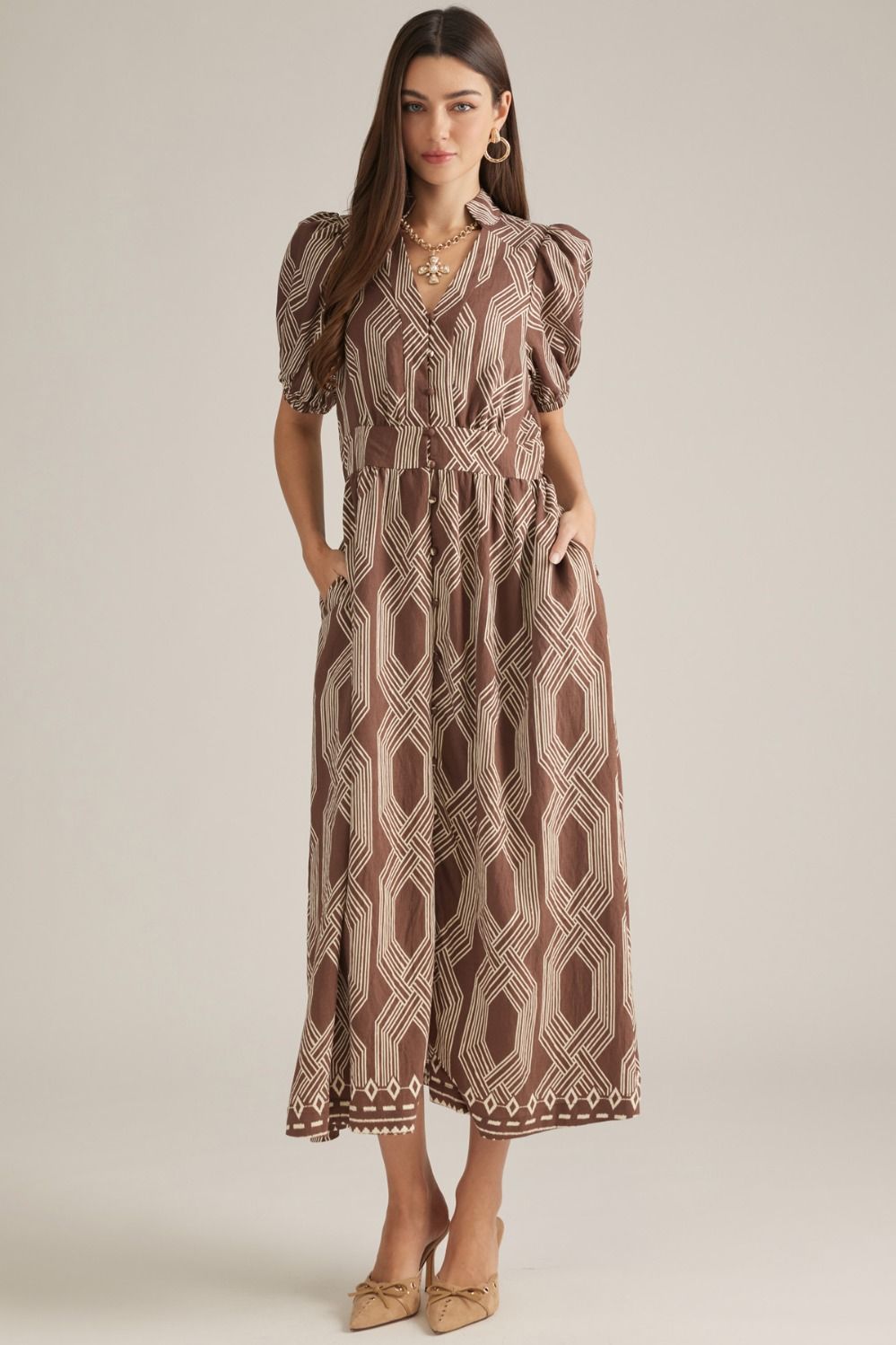 Printed Short Puff Sleeve Midi Dress