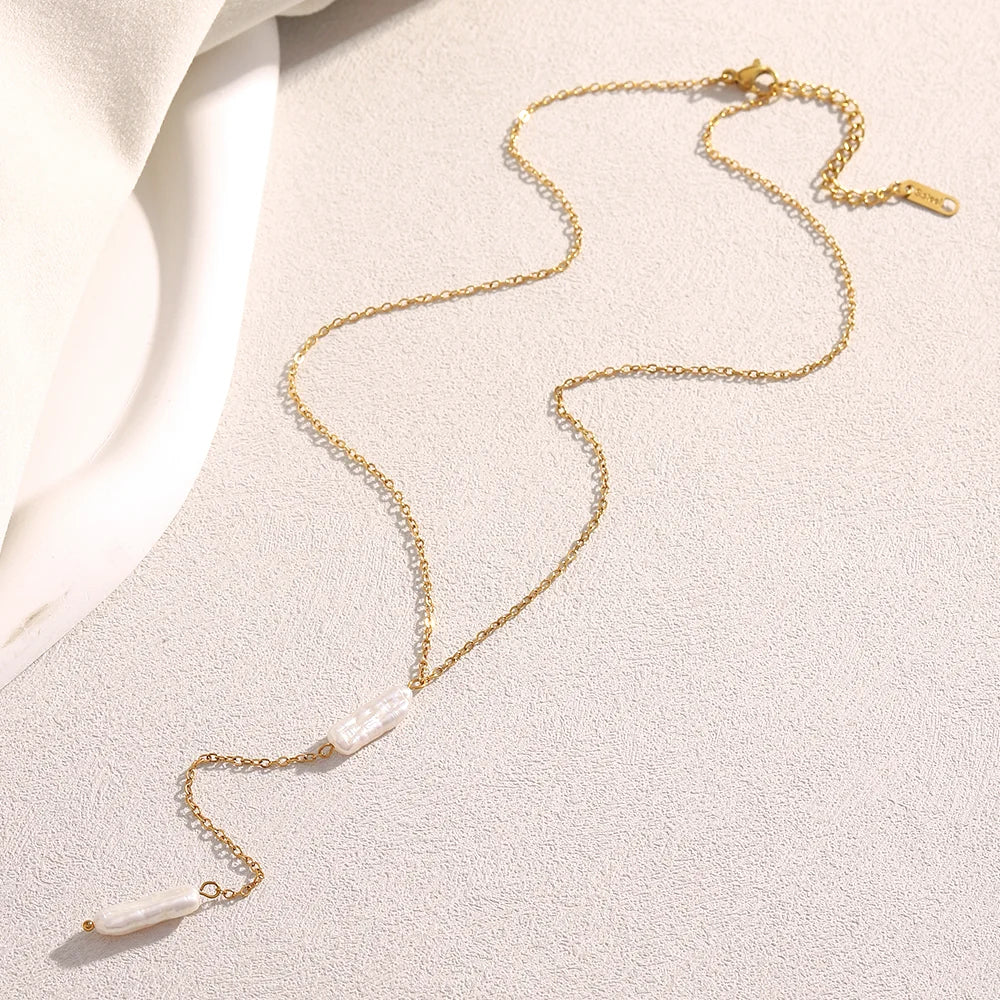 Delicate Drop Pearl Lariat Necklace