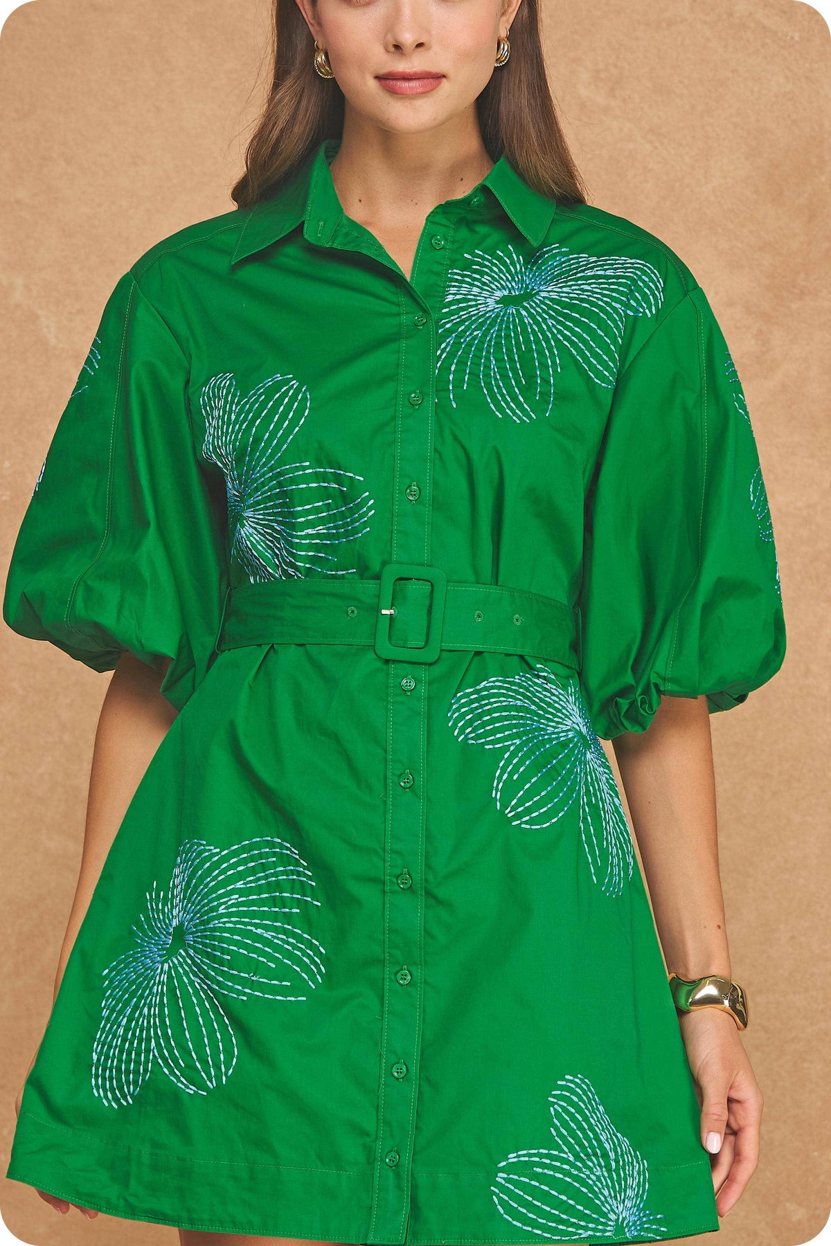 Embroidered Puff Sleeve Belted Mini Shirt Dress