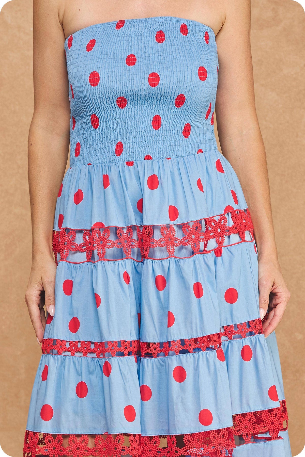 Polka Dot Lace Trim Detail Tube Long Dress
