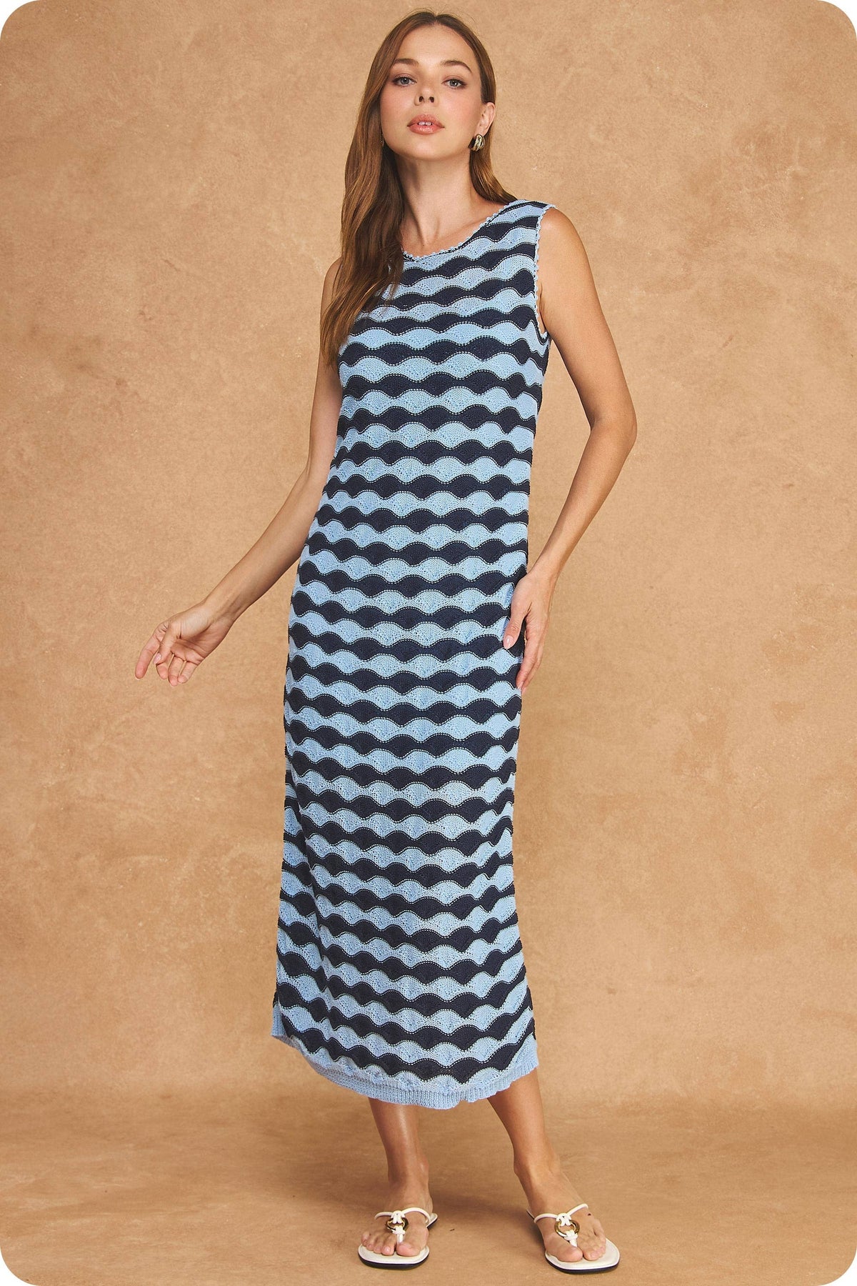 Scalloped Wavy Stripe Knit Sleeveless Midi Dress