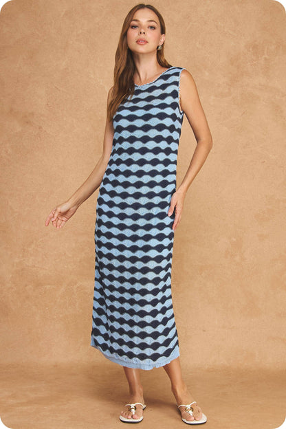 Scalloped Wavy Stripe Knit Sleeveless Midi Dress
