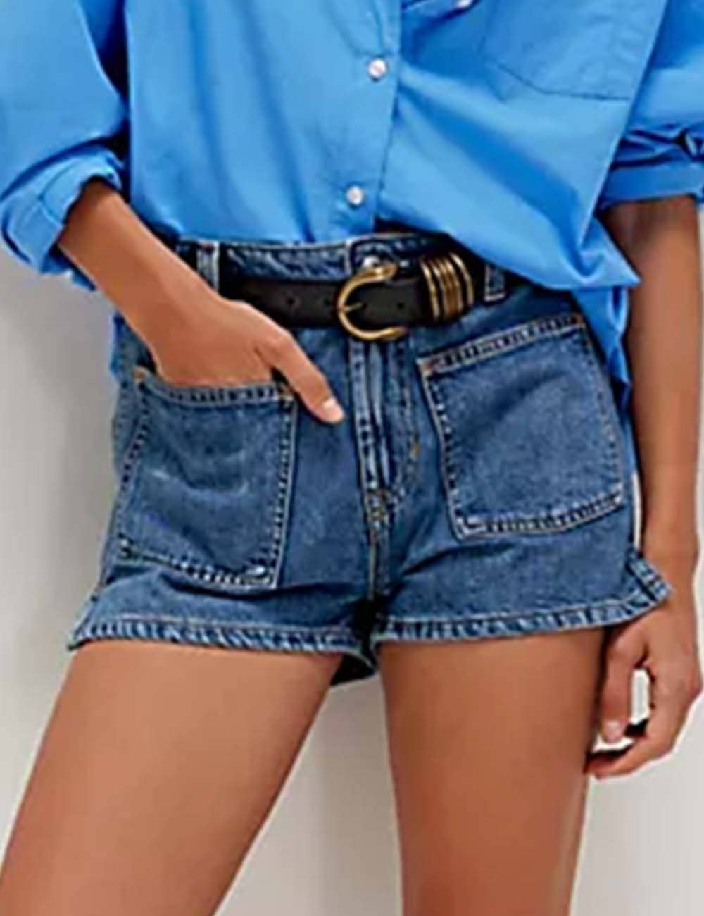 Ladies Solid Color Button Pocket Shorts