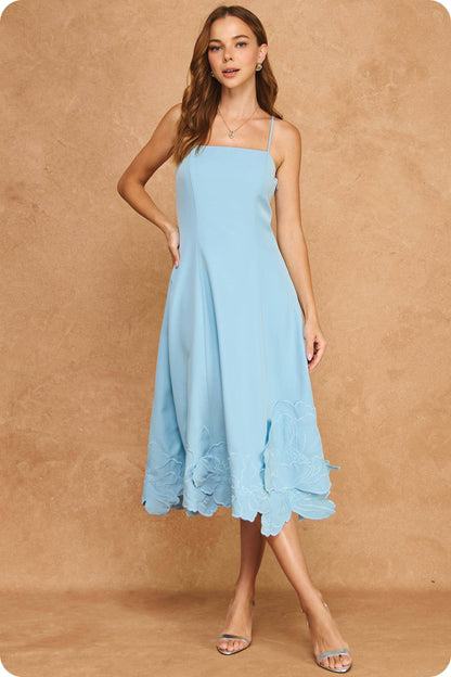 3D Floral Appliqué Sleeveless Square Neck Midi Dress