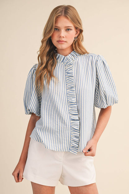 STRIPED RUFFLED BUTTON DOWN TOP MTP4692