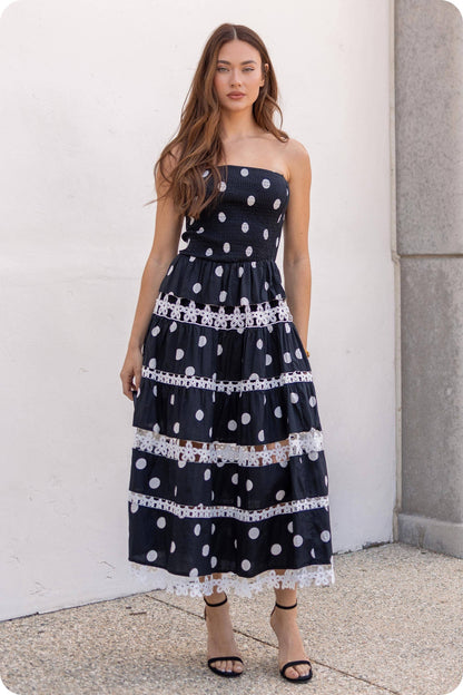 Polka Dot Lace Trim Detail Tube Long Dress