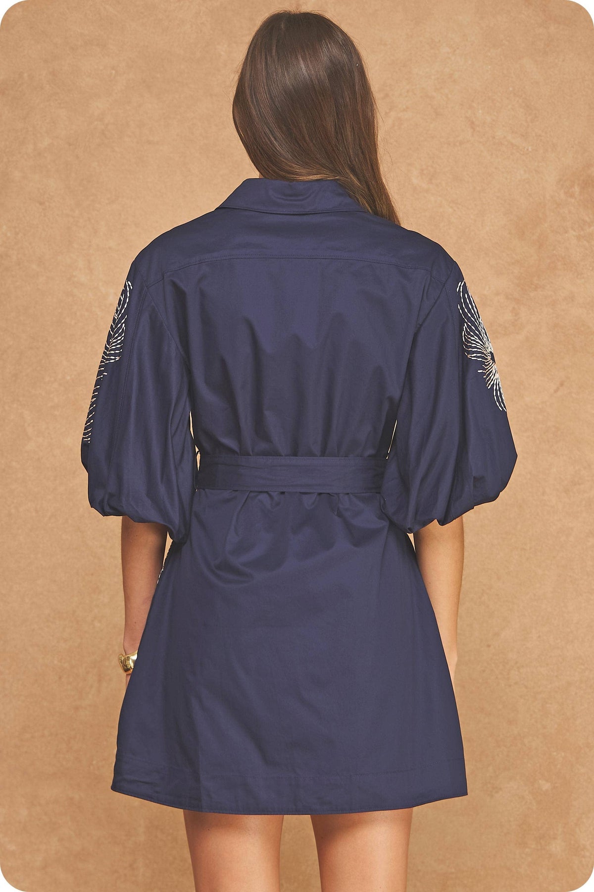 Embroidered Puff Sleeve Belted Mini Shirt Dress