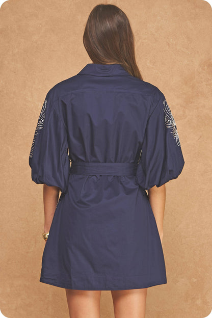 Embroidered Puff Sleeve Belted Mini Shirt Dress