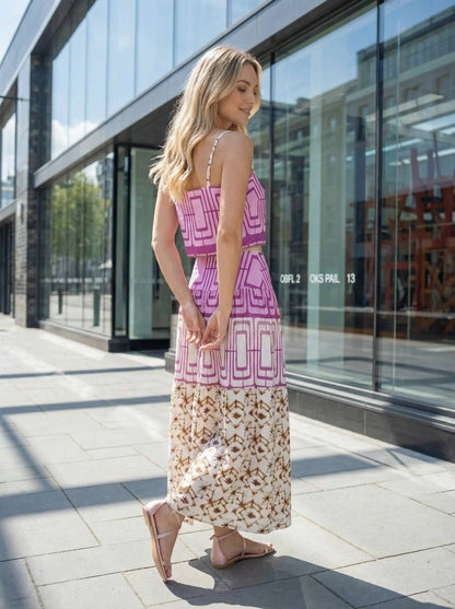 Geometric printed crop top and midi skirt set