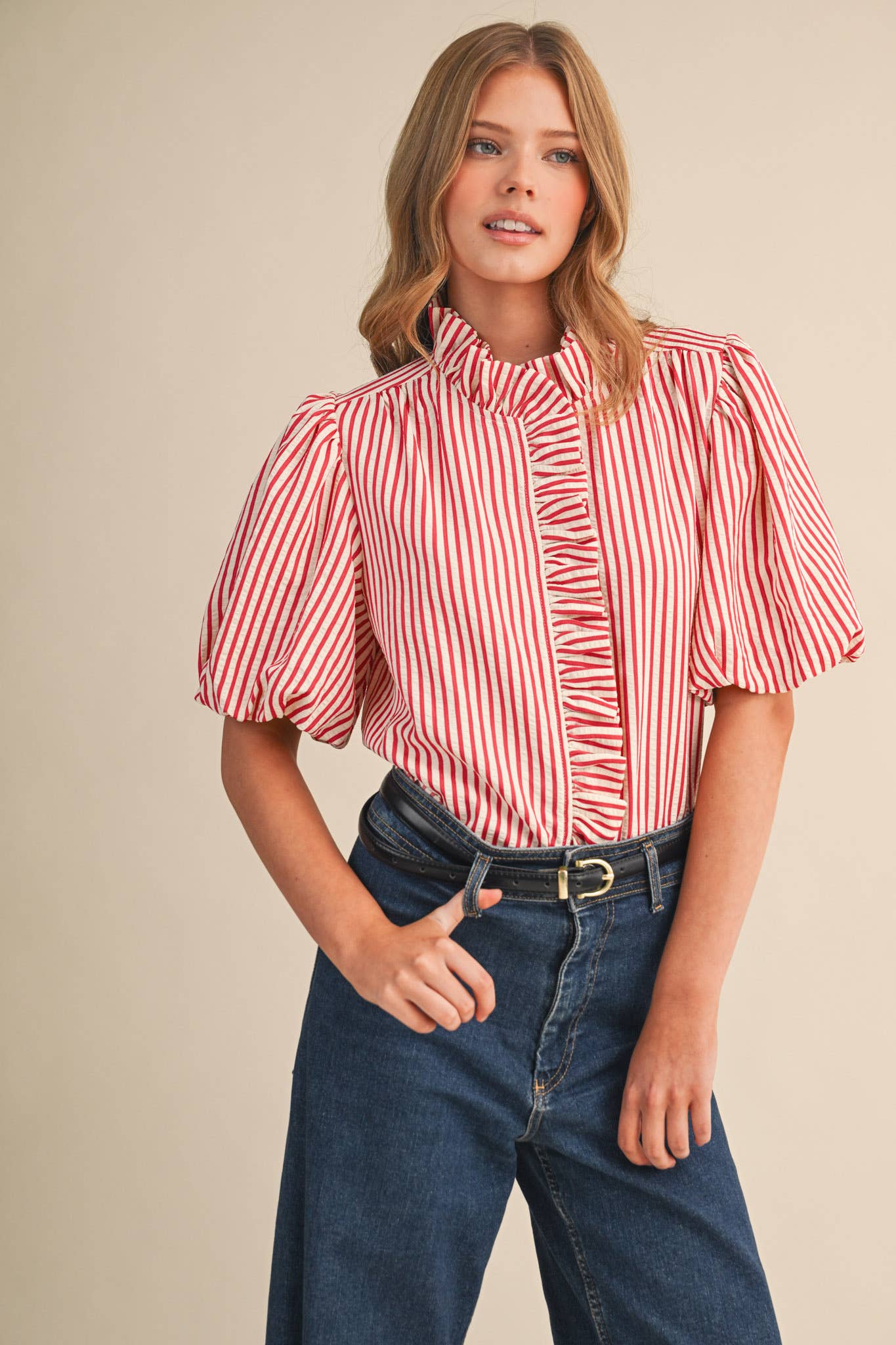 STRIPED RUFFLED BUTTON DOWN TOP MTP4692