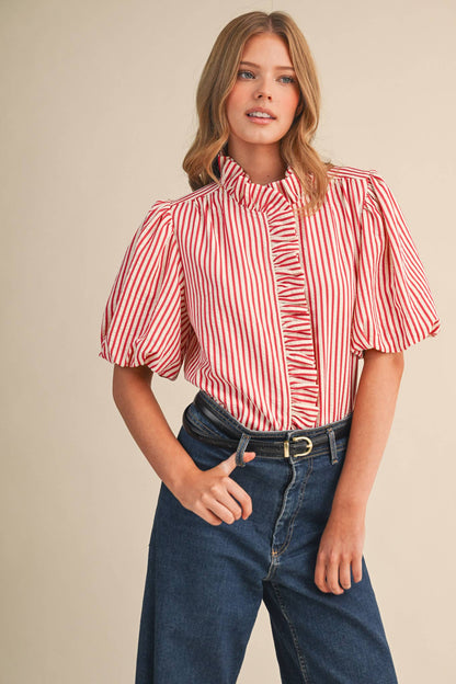 STRIPED RUFFLED BUTTON DOWN TOP MTP4692