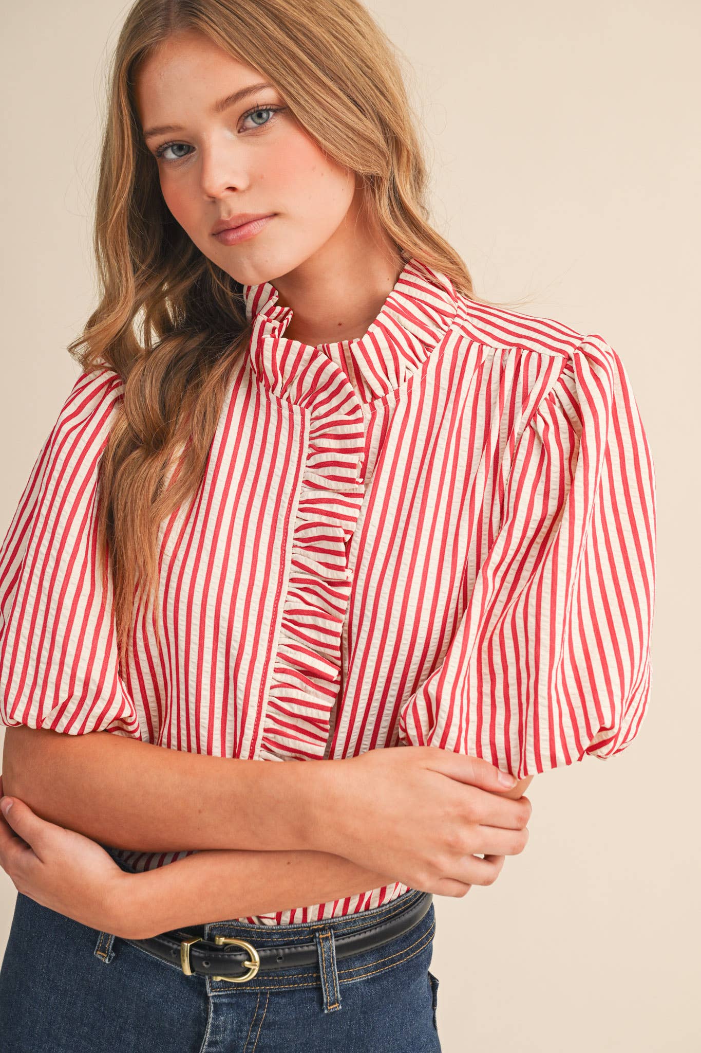 STRIPED RUFFLED BUTTON DOWN TOP MTP4692