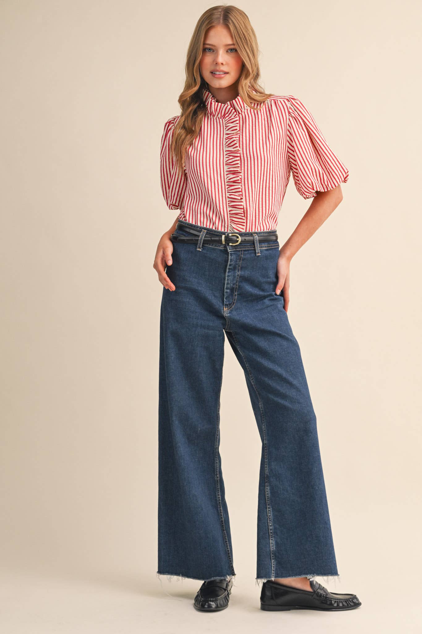 STRIPED RUFFLED BUTTON DOWN TOP MTP4692