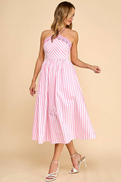 Scalloped halter neckline midi dress with embroidery detail