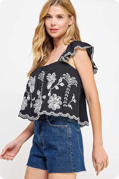 Embroidery Sleeveless Linen Top
