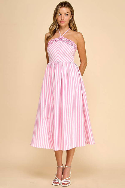 Scalloped halter neckline midi dress with embroidery detail