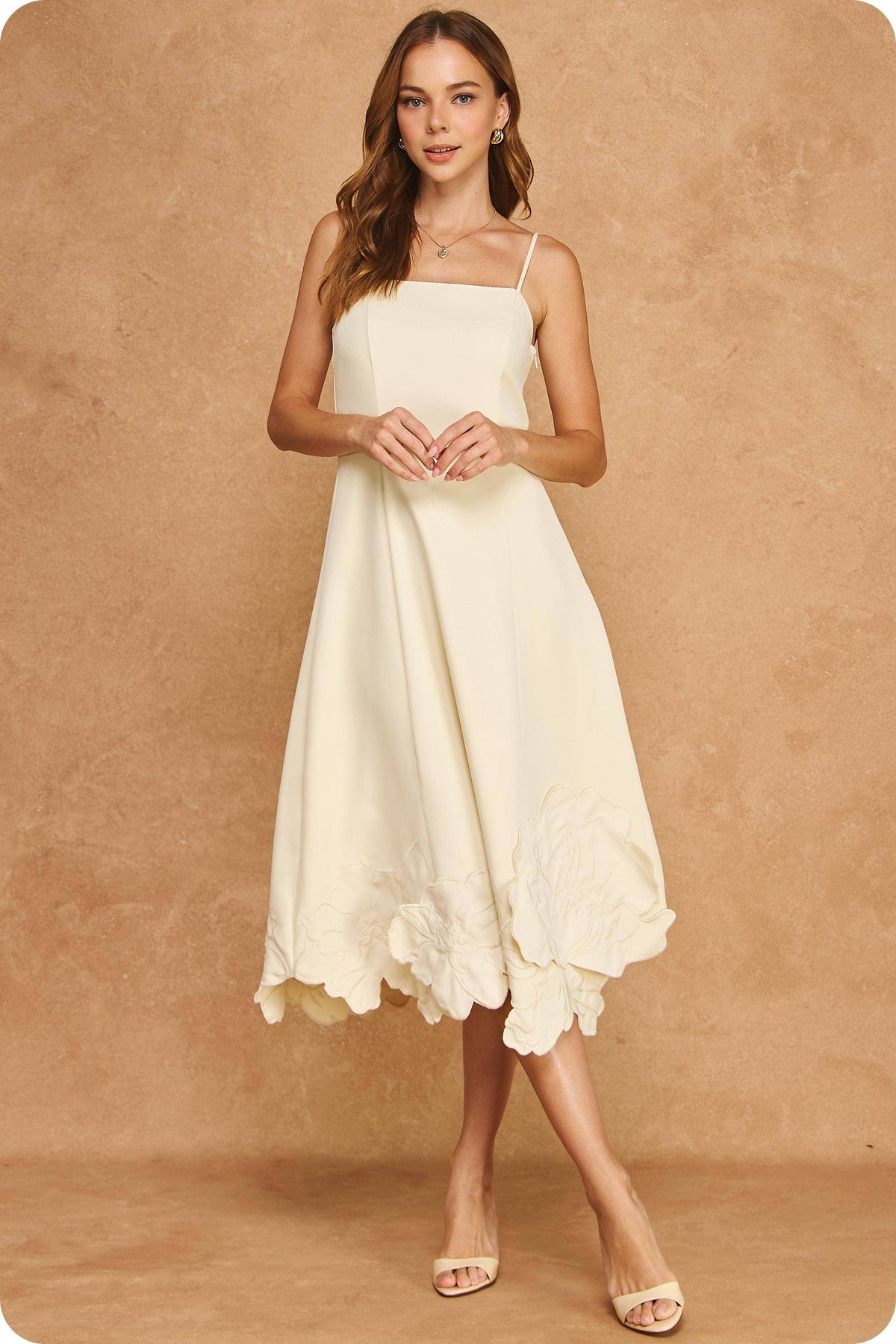 3D Floral Appliqué Sleeveless Square Neck Midi Dress
