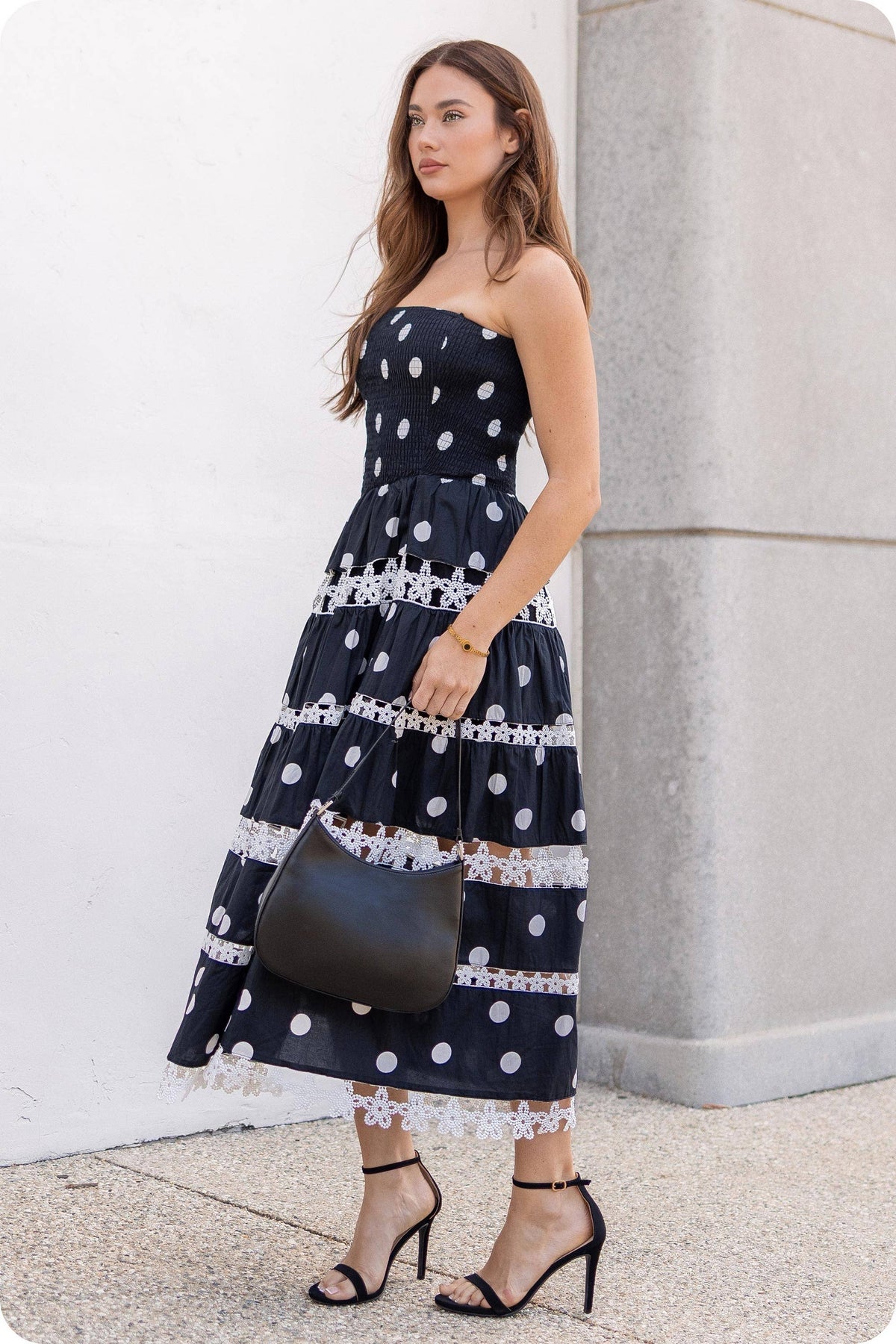 Polka Dot Lace Trim Detail Tube Long Dress