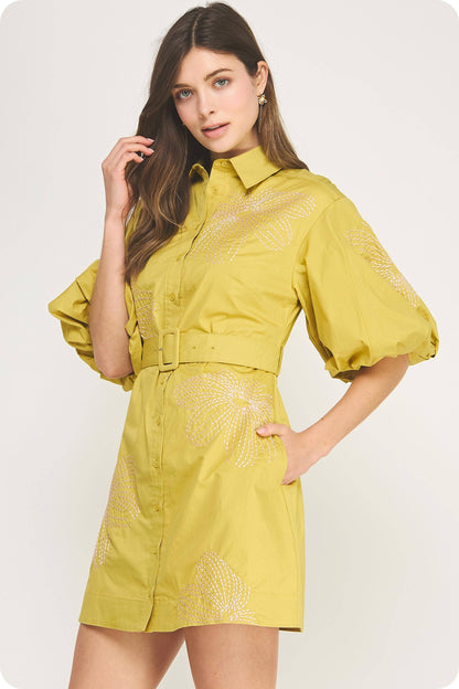 Embroidered Puff Sleeve Belted Mini Shirt Dress