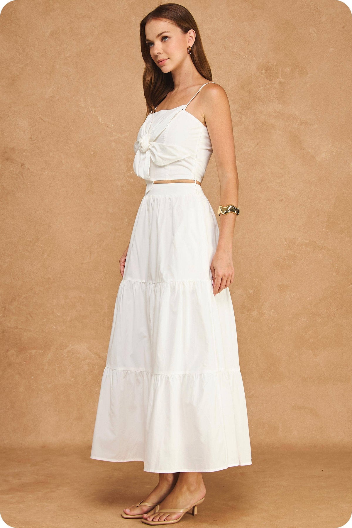 Flower Rosette Detail Crop Top & Tiered Midi Skirt Set