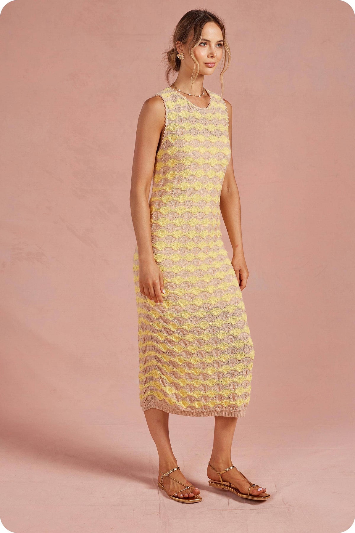 Scalloped Wavy Stripe Knit Sleeveless Midi Dress
