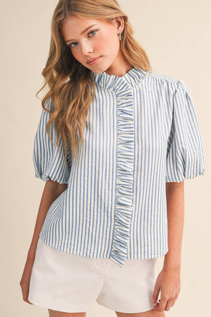 STRIPED RUFFLED BUTTON DOWN TOP MTP4692