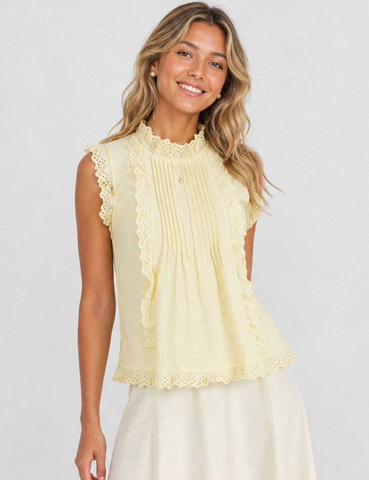 Ladies Boho Eyelet Lace Pleated Round Neck Sleeveless Babydoll Top