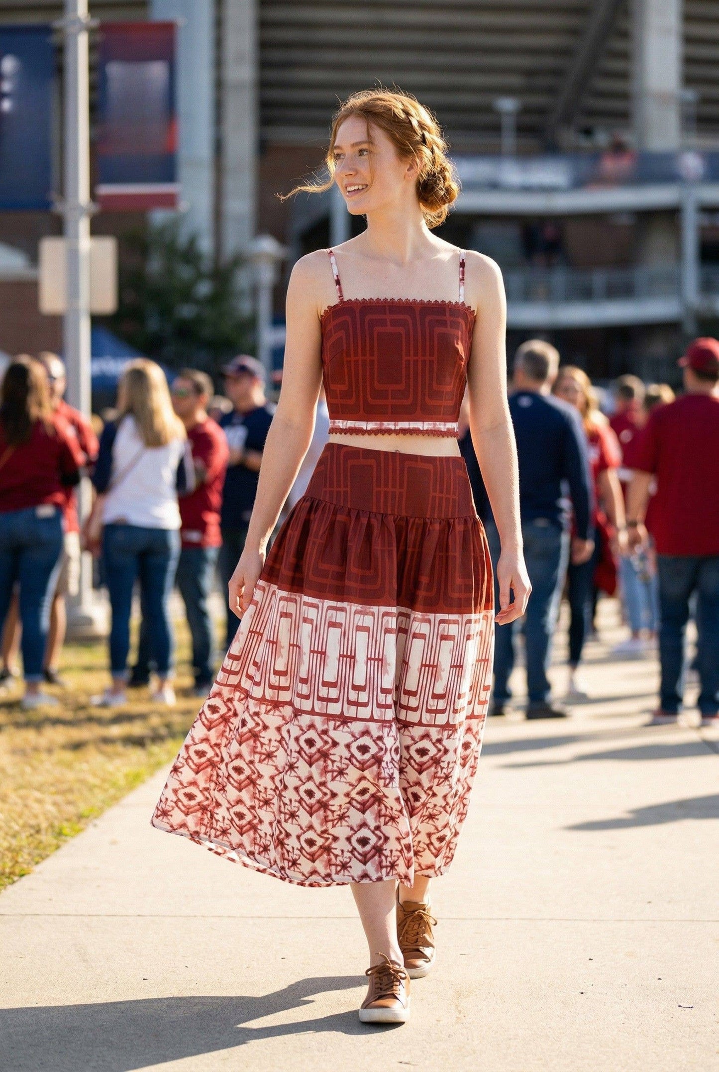 Geometric printed crop top and midi skirt set