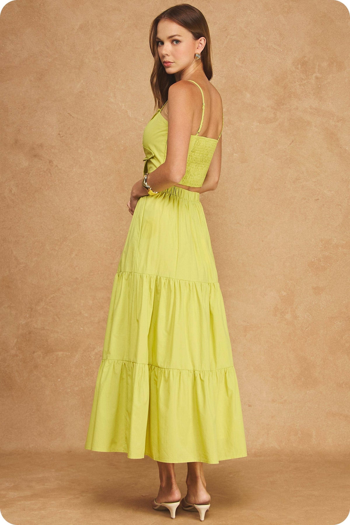 Flower Rosette Detail Crop Top & Tiered Midi Skirt Set