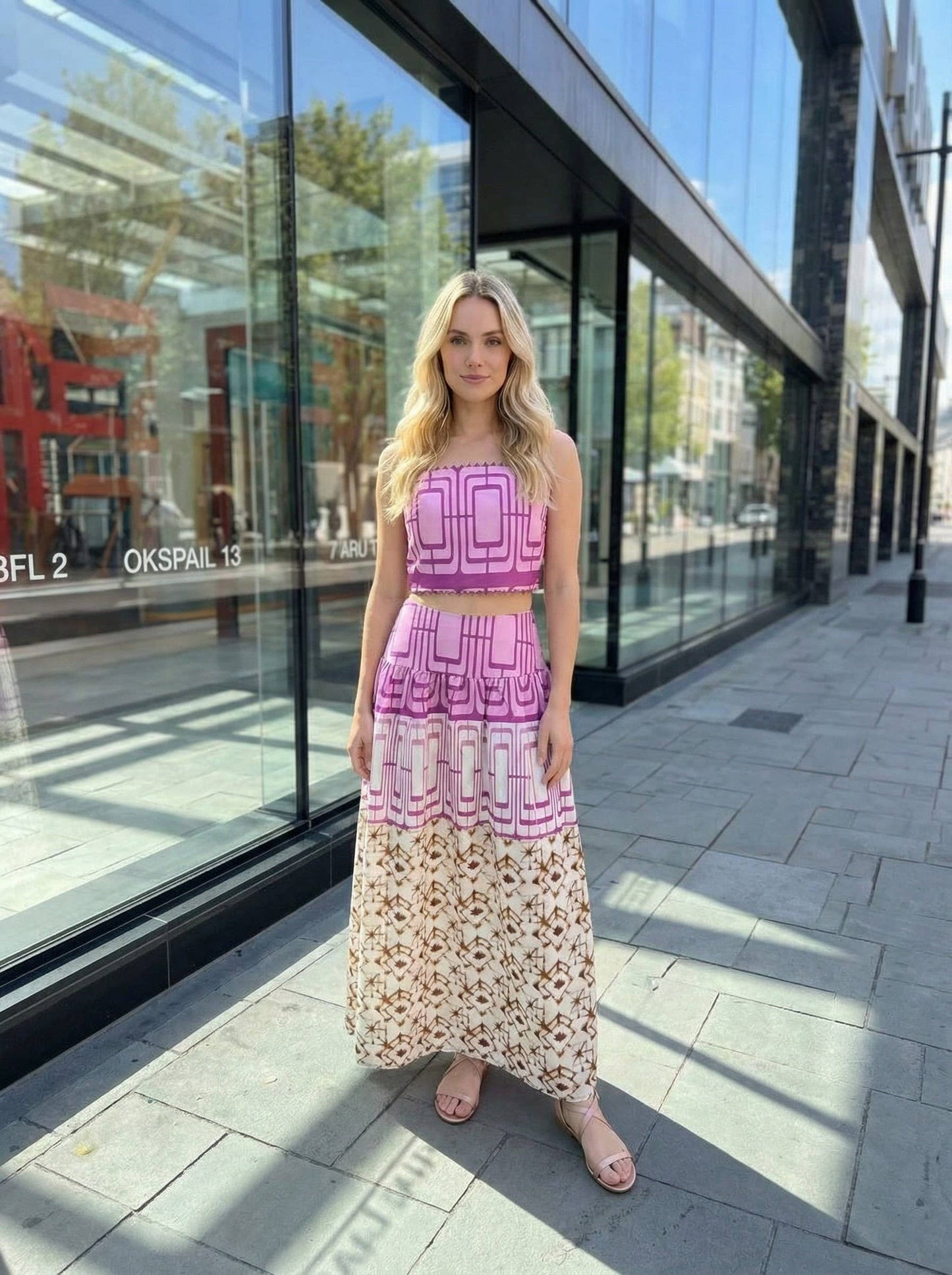 Geometric printed crop top and midi skirt set
