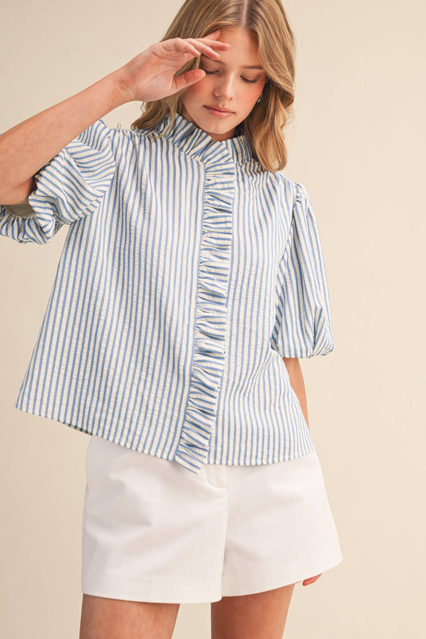 STRIPED RUFFLED BUTTON DOWN TOP MTP4692