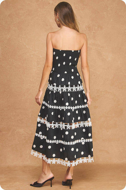 Polka Dot Lace Trim Detail Tube Long Dress