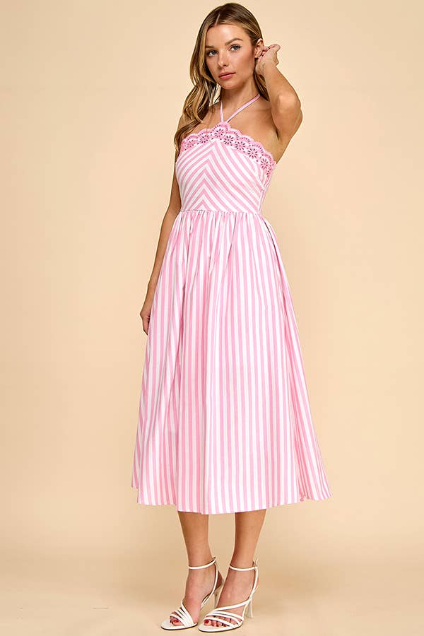 Scalloped halter neckline midi dress with embroidery detail