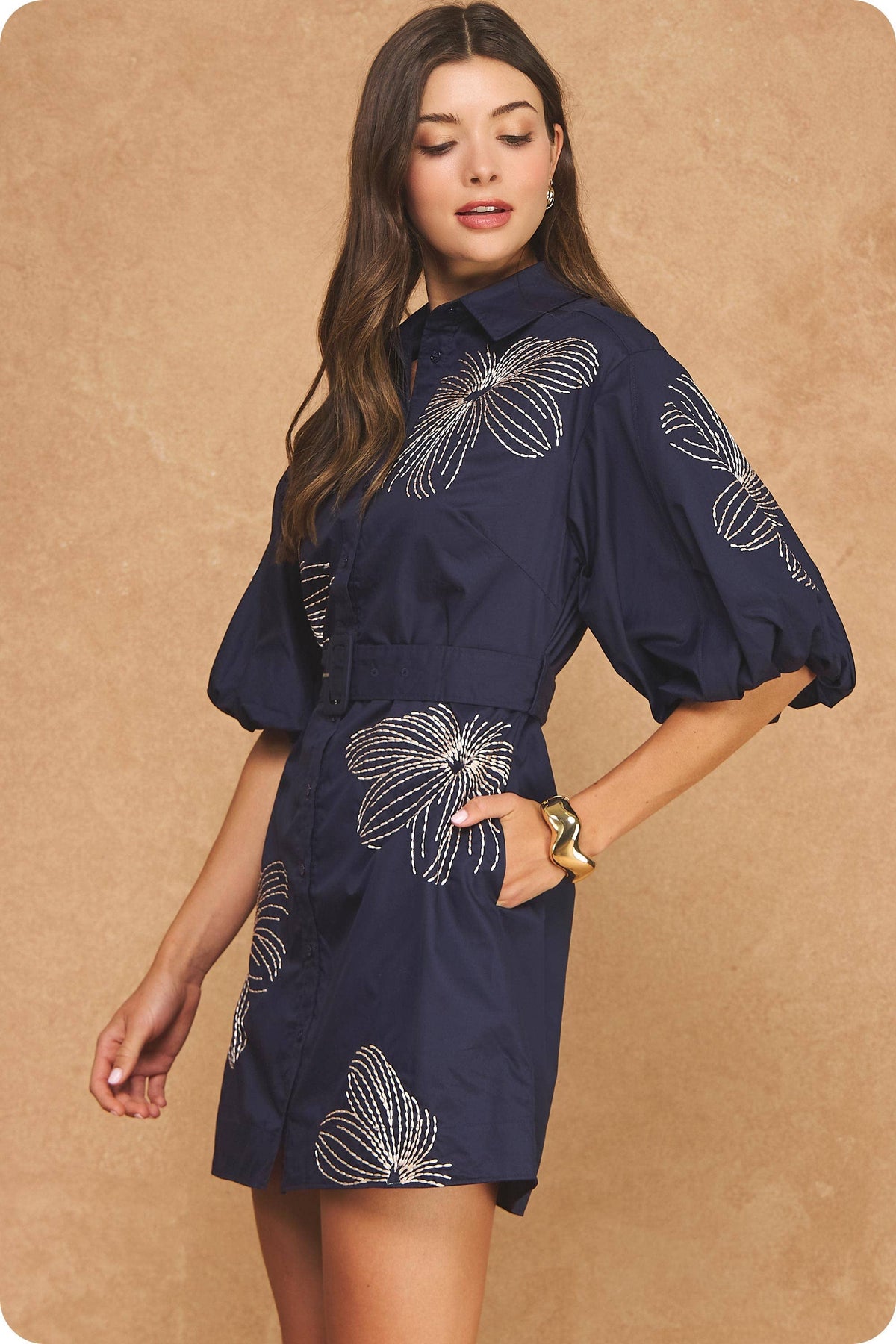 Embroidered Puff Sleeve Belted Mini Shirt Dress