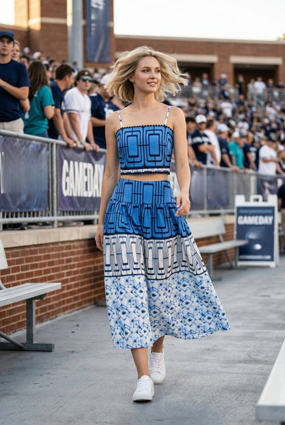 Geometric printed crop top and midi skirt set