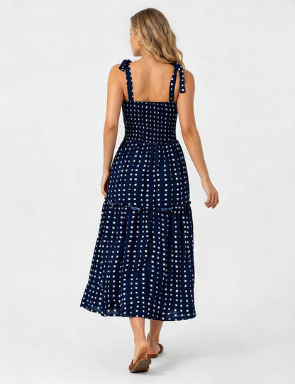 Ladies Abstract Print Smocked Tie Strap Square Neck Midi Dress