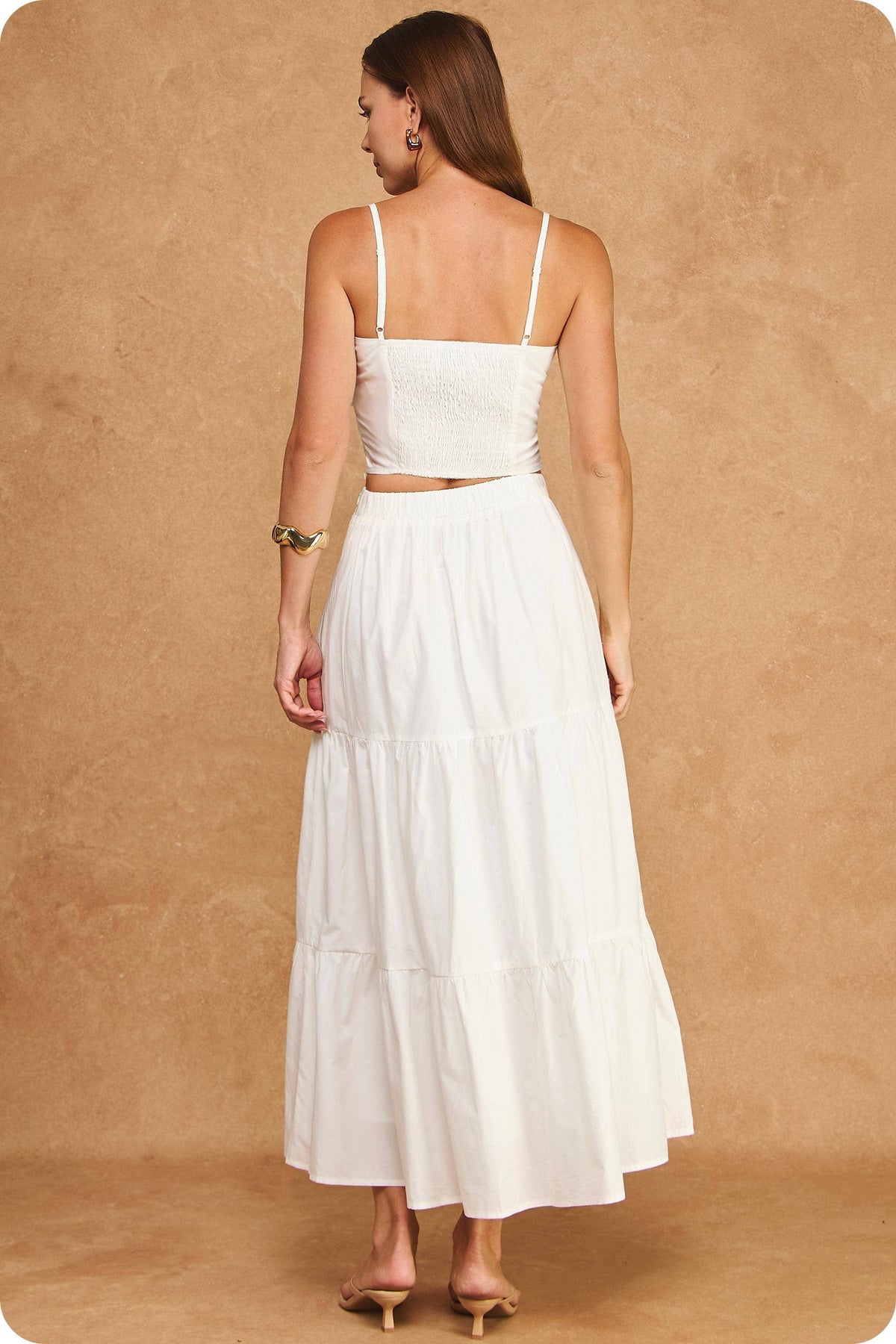 Flower Rosette Detail Crop Top & Tiered Midi Skirt Set