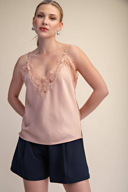 V-Neckline Lace Satin Cami Top