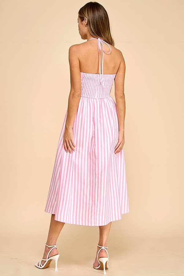 Scalloped halter neckline midi dress with embroidery detail