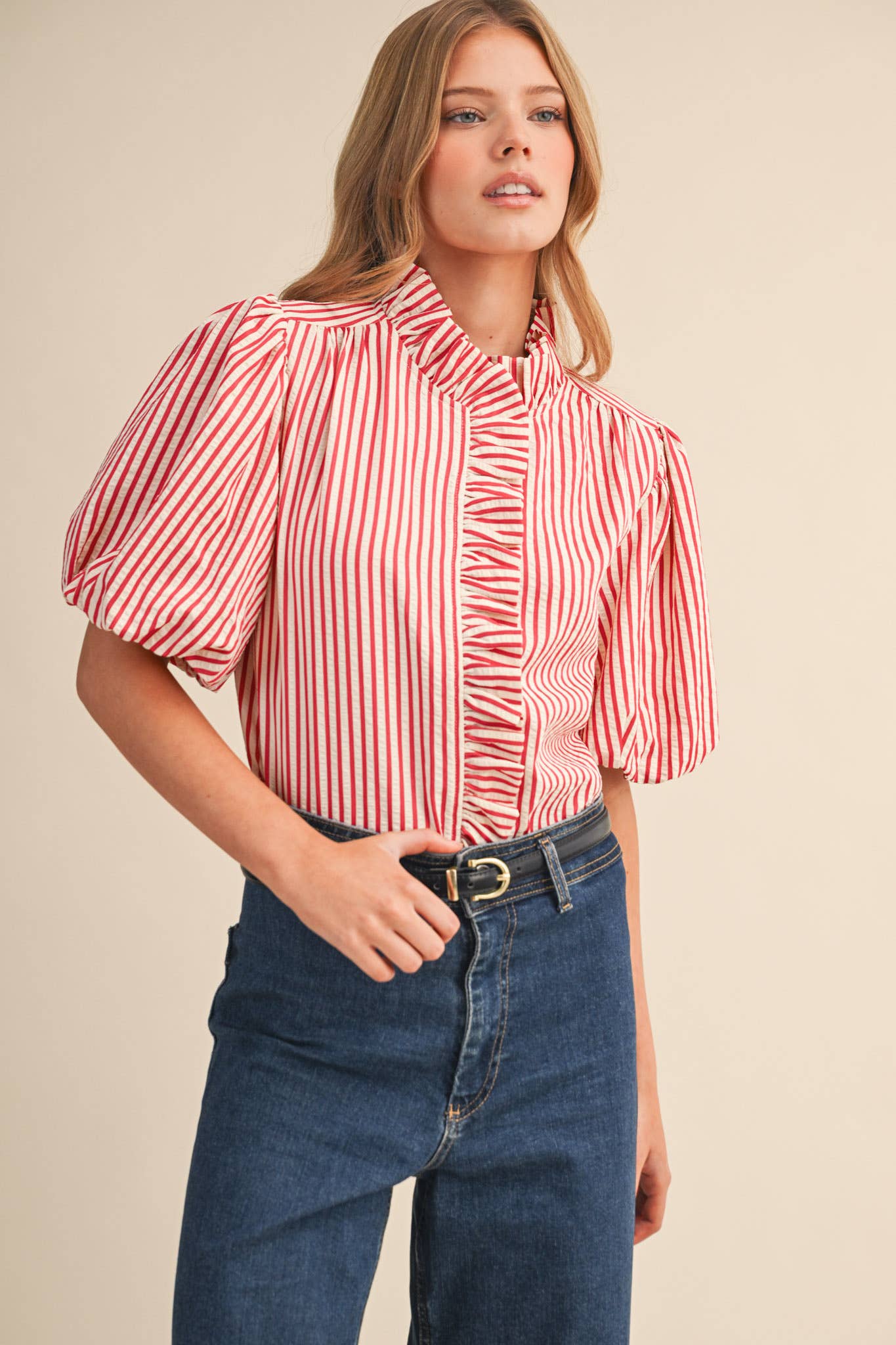 STRIPED RUFFLED BUTTON DOWN TOP MTP4692