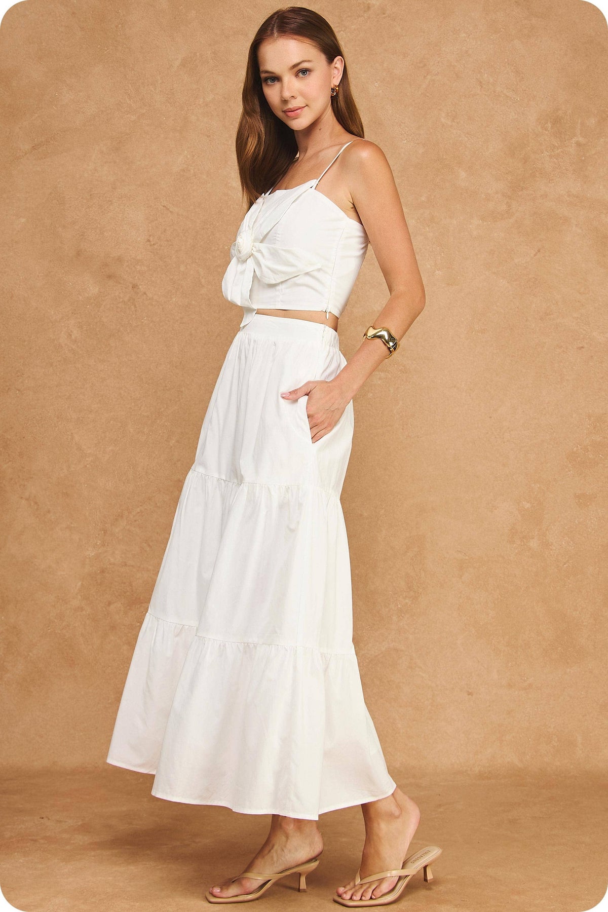 Flower Rosette Detail Crop Top & Tiered Midi Skirt Set
