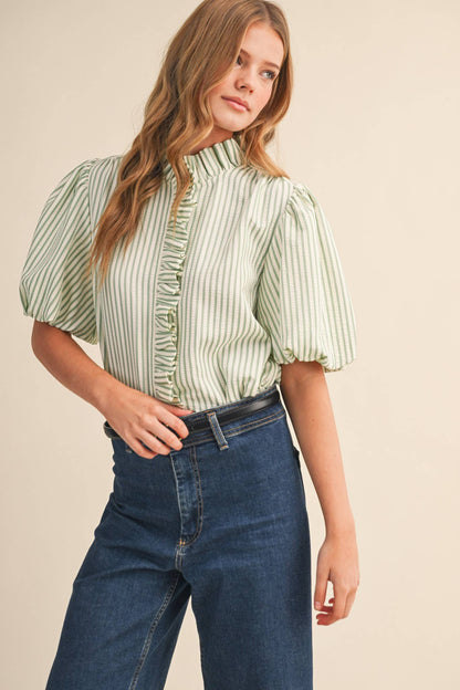 STRIPED RUFFLED BUTTON DOWN TOP MTP4692