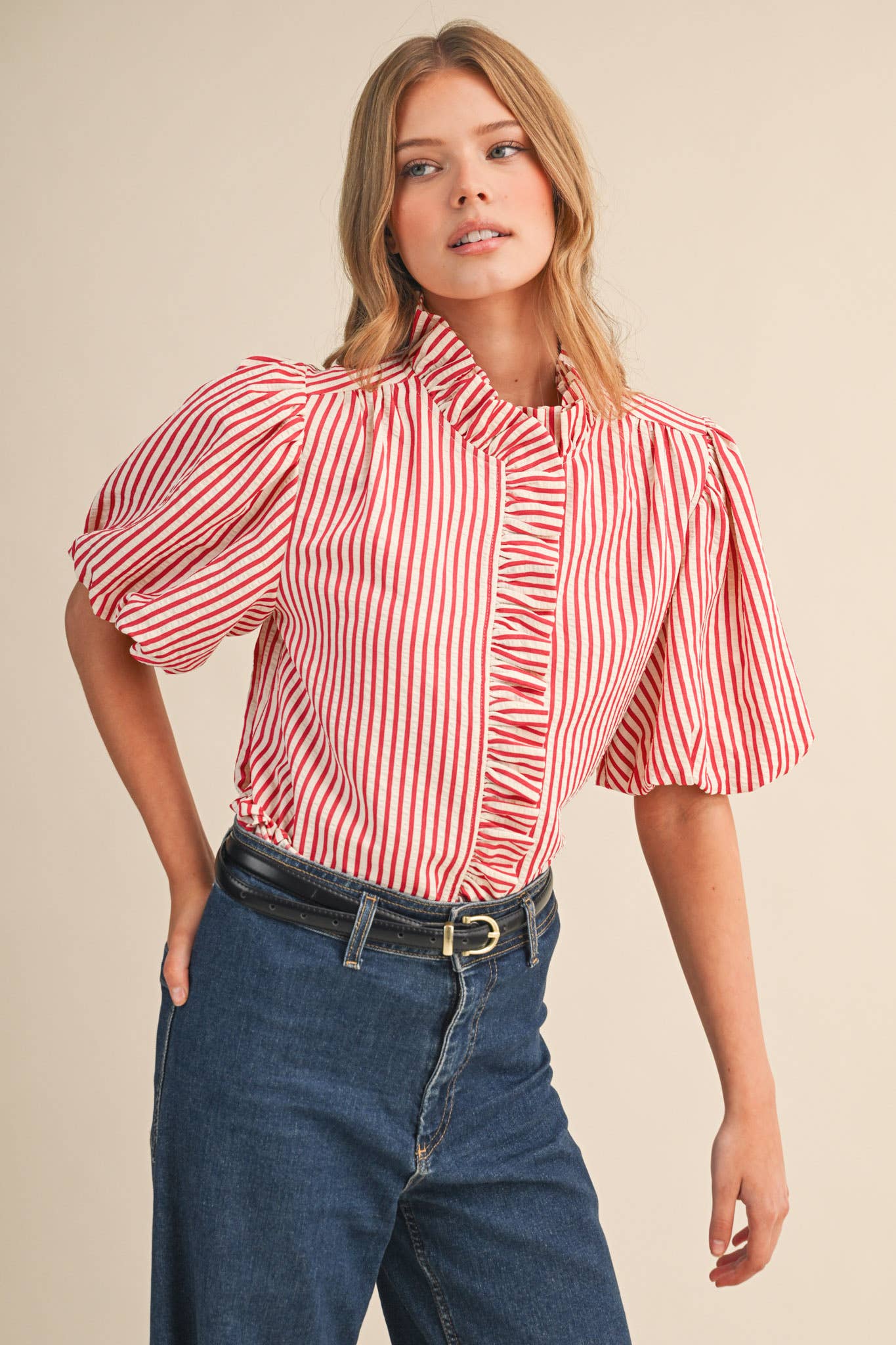 STRIPED RUFFLED BUTTON DOWN TOP MTP4692