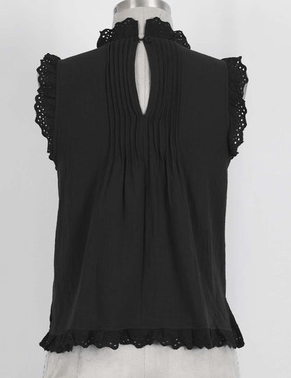 Ladies Boho Eyelet Lace Pleated Round Neck Sleeveless Babydoll Top